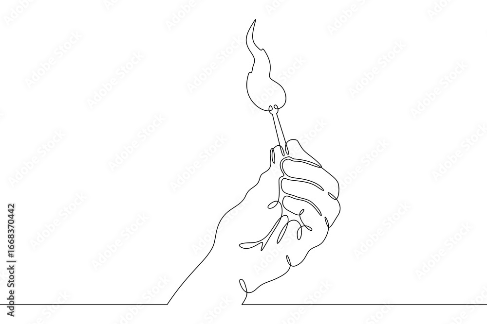 Poster continuous single line drawing hand with a lit match.linear design. one continuous line isolated min