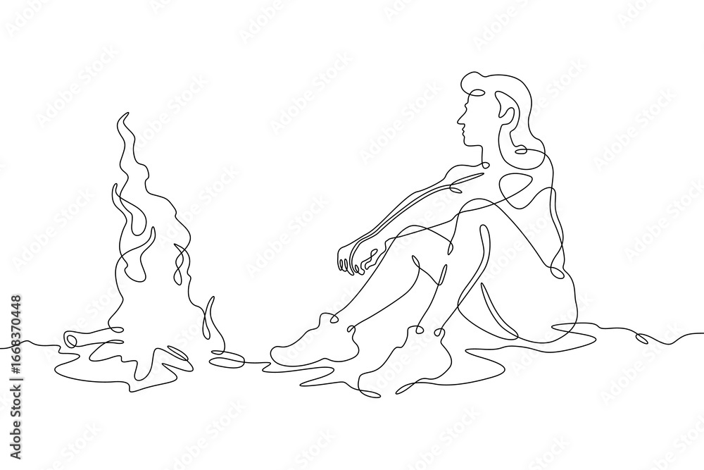 Poster continuous single line drawing woman sitting by the fire.linear design. one continuous line isolated