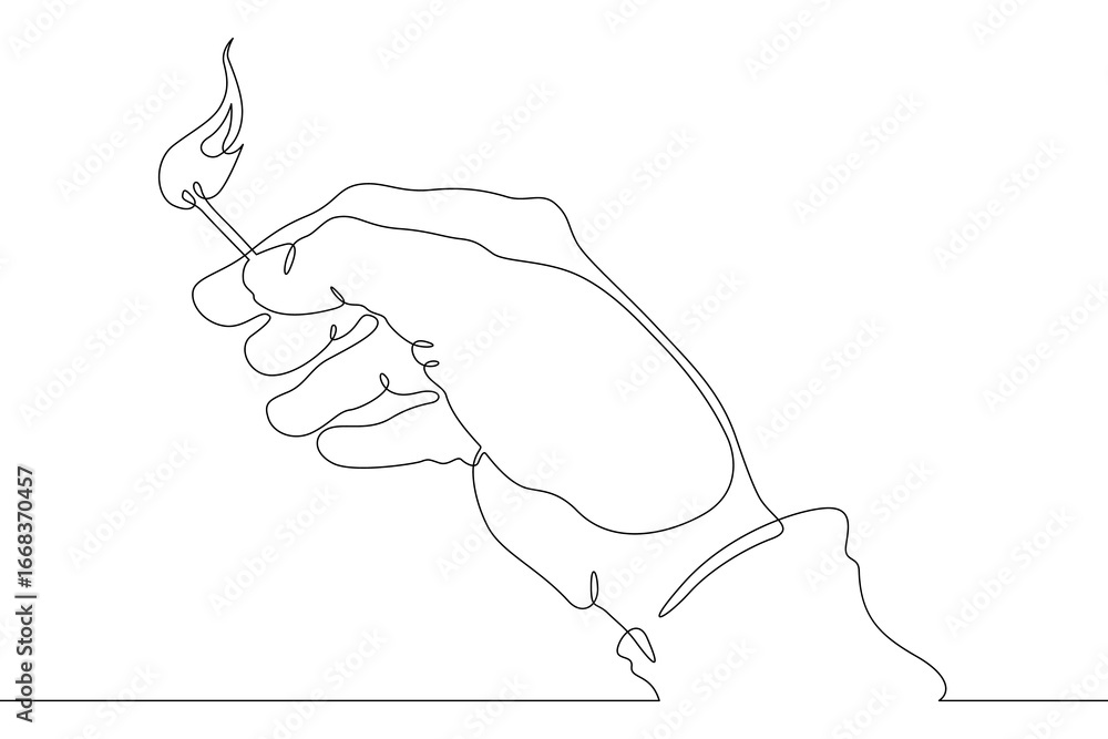 Poster continuous single line drawing hand with a lit match.linear design. one continuous line isolated min