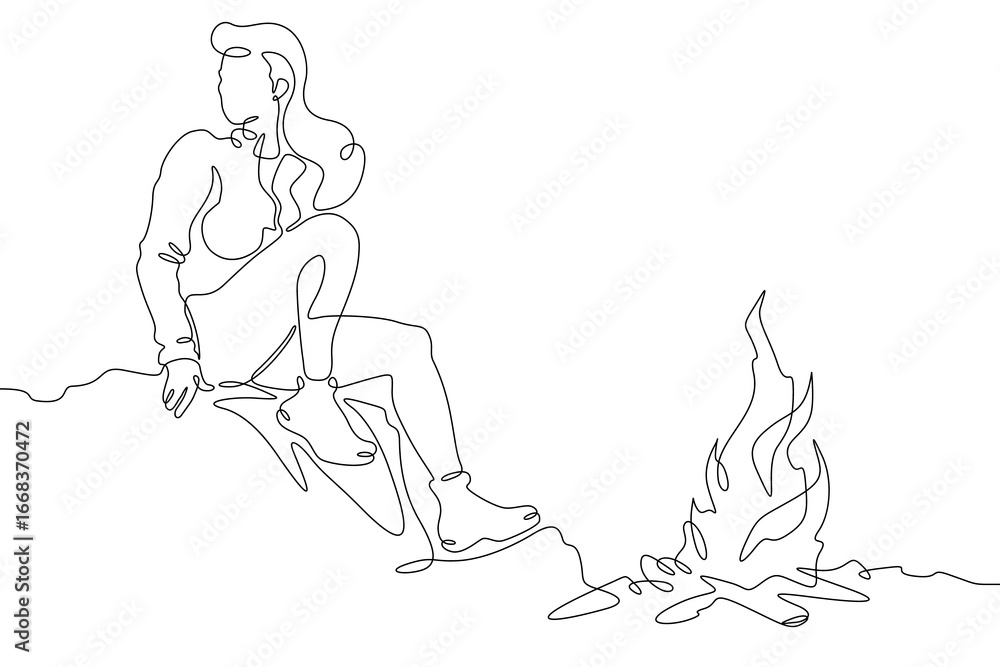 Poster continuous single line drawing woman sitting by the fire.linear design. one continuous line isolated