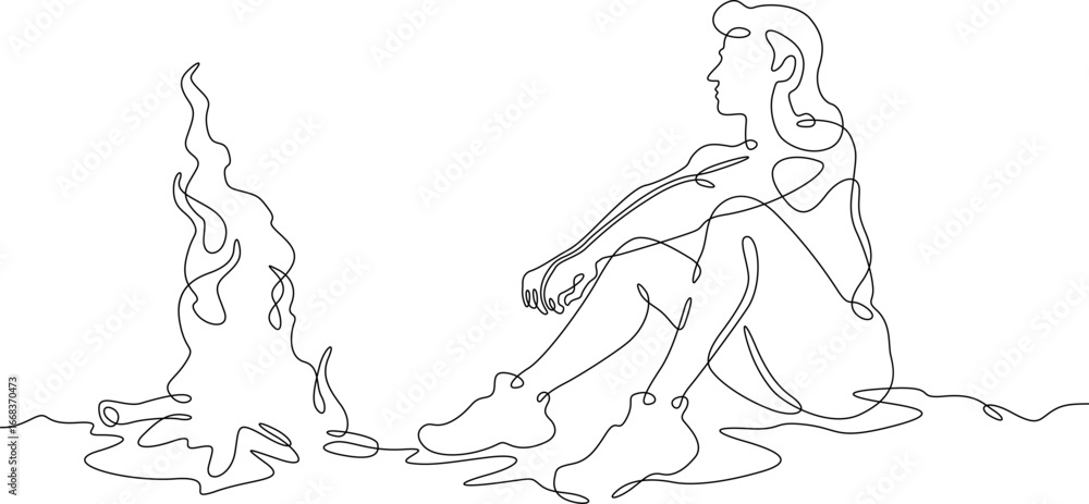 Poster continuous single line drawing woman sitting by the fire.linear design. one continuous line isolated