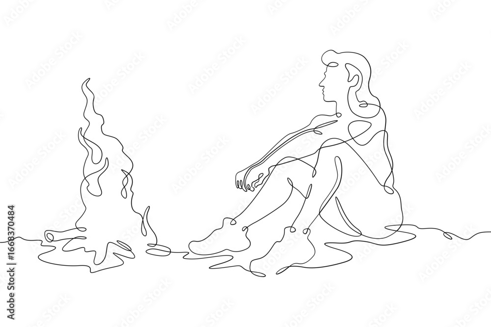 Poster continuous single line drawing woman sitting by the fire.linear design. one continuous line isolated