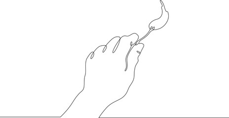 Continuous single line drawing hand with a lit match.Linear design. One continuous line isolated minimalist illustration. Not AI.