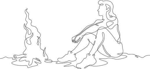 Continuous single line drawing woman sitting by the fire.Linear design. One continuous line isolated minimalist illustration. Not AI.