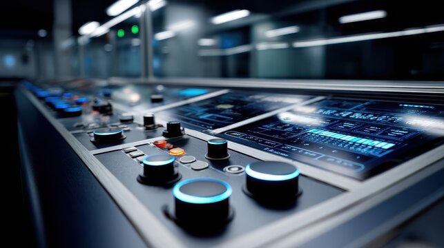 Control Panel with Knobs, Buttons, and Digital Screens