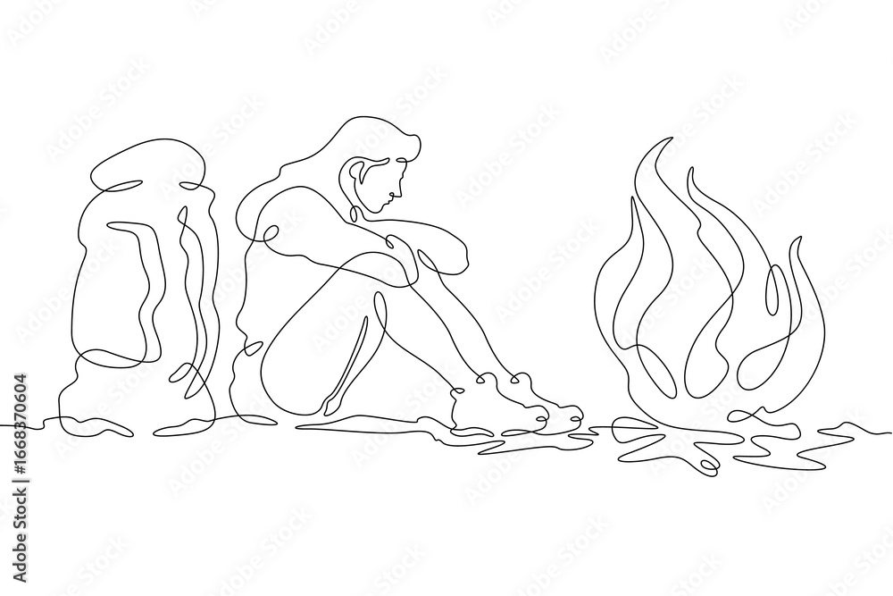 Poster continuous single line drawing woman sitting by the fire.linear design. one continuous line isolated