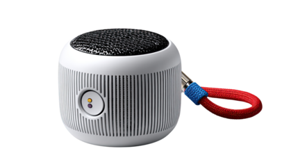 Modern Speaker in View: A contemporary speaker with clean lines and an integrated loop sits, presenting a modern tech and design aesthetic.