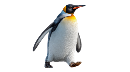 Majestic Penguin Strolling: A regal penguin strides confidently forward, its distinctive black and white plumage contrasting against the serene backdrop, a symbol of resilience and natural wonder.