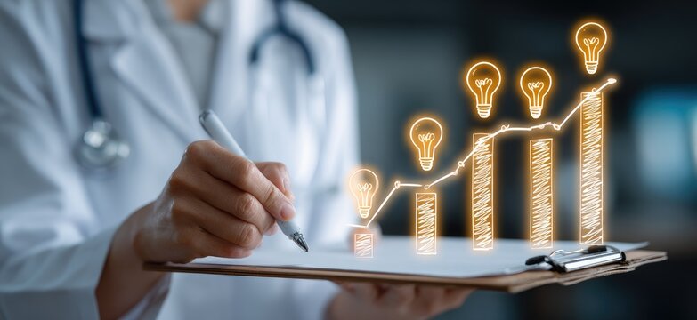 Doctor reviewing growth chart overlaid on clipboard