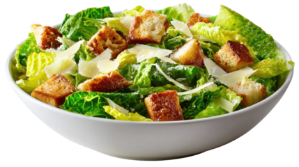 Caesar Salad: A mouthwatering Caesar salad, featuring crisp romaine lettuce, crunchy croutons, parmesan shavings, and creamy dressing in a pristine bowl, a delightful culinary experience.