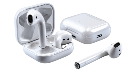 Wireless Earbud Design: A sleek shot of contemporary wireless earbuds, showcasing the innovative design, portable charging case, and modern technology, perfect for music lovers and tech enthusiasts.