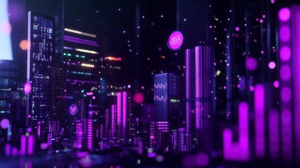 Futuristic city skyline at night, illuminated with vibrant purple and pink lights, abstract graphic elements.