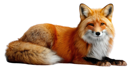 Red Fox Resting: A striking portrait of a red fox in repose, its fiery fur gleaming as it rests, exuding an air of calm confidence, against a neutral backdrop.