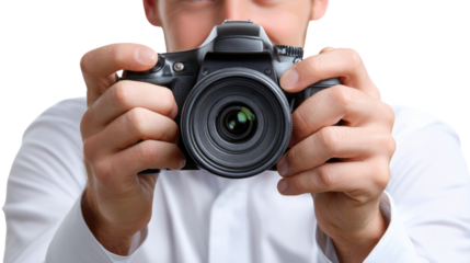 Focus of Creation: An image focused on capturing the essence of photography, with a camera held steady at eye level and its lens center stage. 
