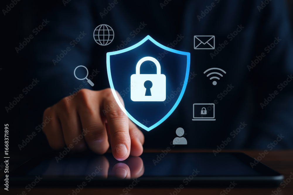 Aufkleber internet security and cybersecurity shield with a padlock icon on a touchscreen device protects digi