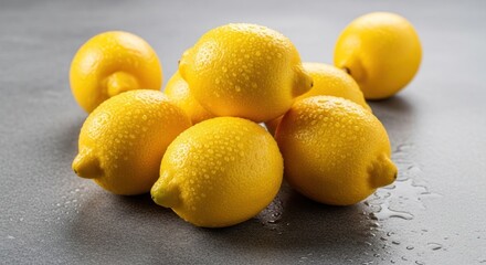 Fresh Lemons, Sparkling with Dew Drops, on a Gray Surface