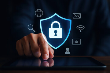 Internet security and cybersecurity shield with a padlock icon on a touchscreen device protects digital data and privacy effectively