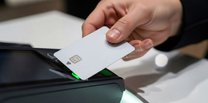 Woman making a contactless payment with a credit card at a payment terminal. EMV chip card for financial transaction.