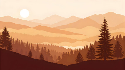 Layered mountain landscape with pine trees and sun at sunset in warm earth tones full hd 4k stock image download