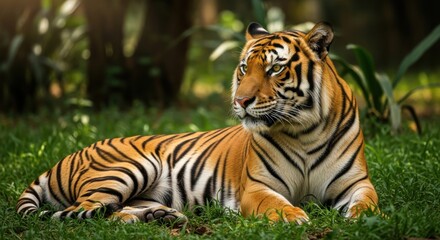 A Regal Bengal Tiger Resting Comfortably in a Lush Green Habitat