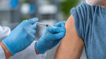 Doctor Administering Vaccine Injection to Senior Patient's Arm in Clinic, Wearing Blue Gloves, Close-up View of Vaccination Process for Immunity