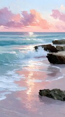 Tranquil Coastal Scene at Sunset with Pink and Orange Hues