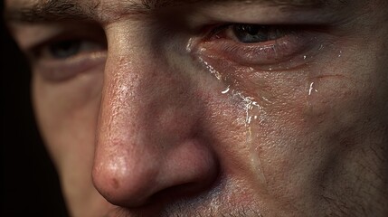 Obraz premium Close-up of a male's face showing emotion with tears glistening on his cheek, conveying a moment of deep sorrow.