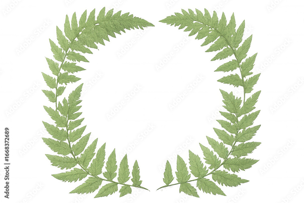 Poster delicate green fern fronds intertwining, creating botanical wreath pattern against pristine transpar