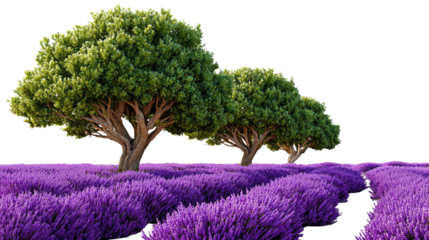 Lavender Field Serenity: A tranquil scene of a vibrant purple lavender field stretching towards the horizon, adorned with lush green trees. Capture the beauty of nature's elegance and serenity.