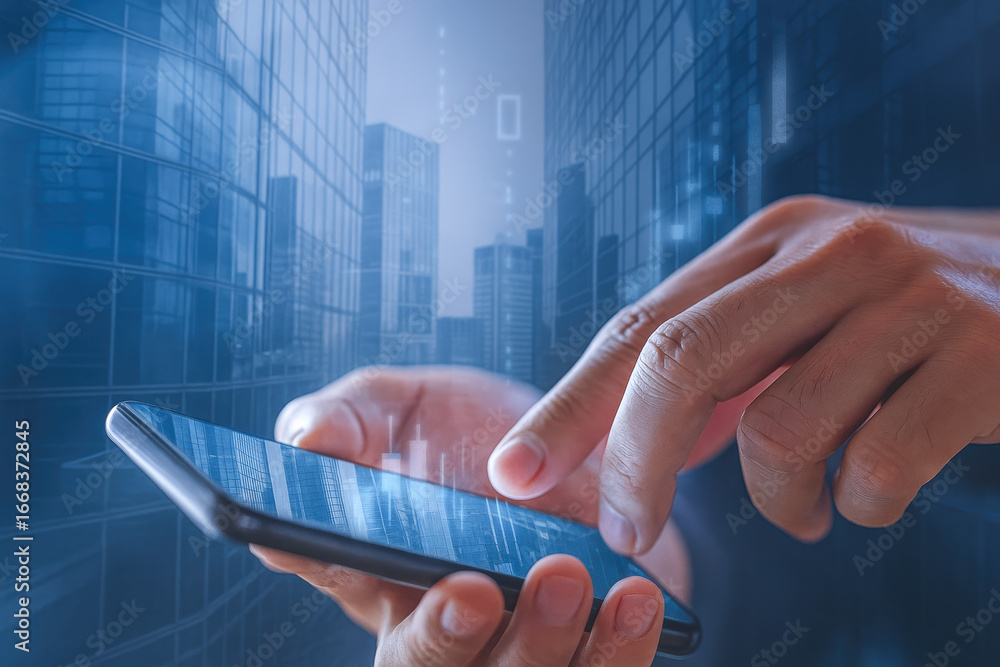 Poster technology business and interaction combine beautifully with smartphone and cityscape creating a fut