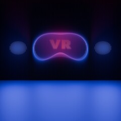 Futuristic VR headset icon with vibrant neon light reflection. 3D Rendering