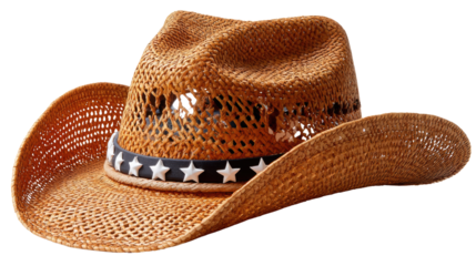 Rustic Cowboy Hat: An eye-level shot of a vintage cowboy hat, crafted with a weave-textured design, is detailed with a decorated band featuring stars, invoking nostalgia.