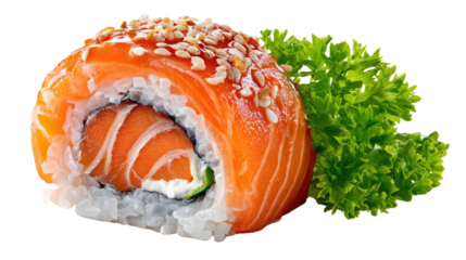 Exquisite Sushi Roll: An enticing shot of a meticulously crafted sushi roll, showcasing fresh salmon atop a bed of perfectly seasoned rice, enhanced by the addition of sesame seeds.