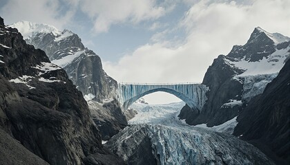 A majestic bridge spans a deep valley between towering, snowcapped mountains under a partly cloudy sky