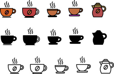 Vector icons of steaming coffee cups and a coffee pot in various styles.