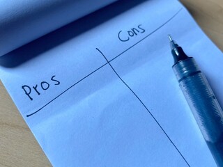 Closeup image of handwritten message Pros and Cons written on white paper with black pen.