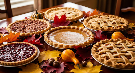 Thanksgiving table with assorted pies and fall decorations ai generated