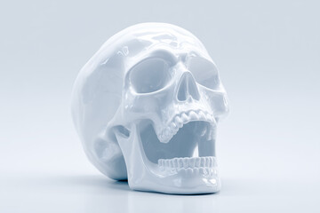 Obraz premium White ceramic skull against soft gray background with reflective surface