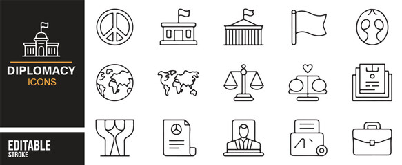 Minimalist icons of diplomacy including world maps, leaders, and global cooperation.