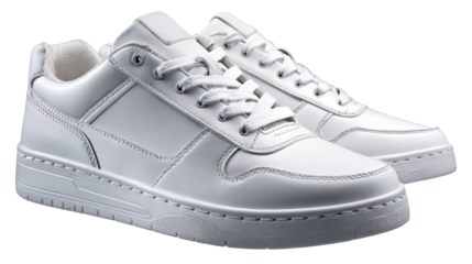Fresh White Sneakers: A pair of clean, pristine white sneakers sit on display, their classic design and sporty aesthetic making them a perfect choice for everyday casual wear.