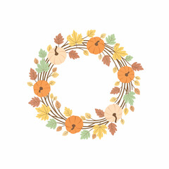 Flat illustration of a charming autumn wreath adorned with orange and cream pumpkins colorful fall leaves and delicate branches.
