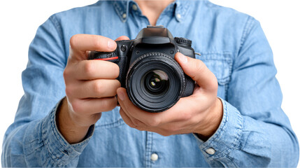 Man Holding Camera: A photographer's perspective, a close-up shot of a man's hands holding a digital camera, ready to capture the perfect moment, highlighting the tools of visual storytelling.