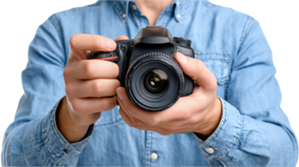 Man Holding Camera: A photographer's perspective, a close-up shot of a man's hands holding a digital camera, ready to capture the perfect moment, highlighting the tools of visual storytelling.