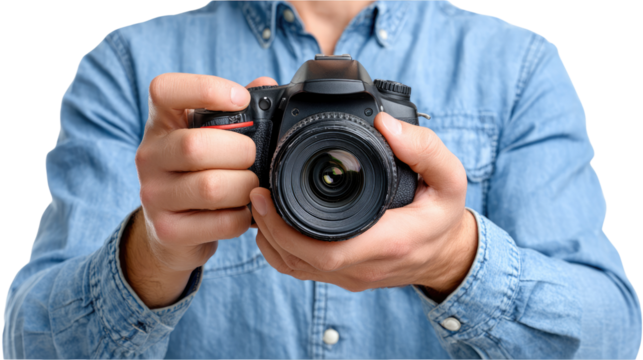 Man Holding Camera: A photographer's perspective, a close-up shot of a man's hands holding a digital camera, ready to capture the perfect moment, highlighting the tools of visual storytelling.
