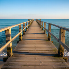 Fototapeta premium Wooden pier extending into a calm blue ocean on a sunny day.