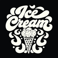 Whimsical Ice Cream Design with Retro Lettering and Ornate Swirls for Sweet Summer Treats