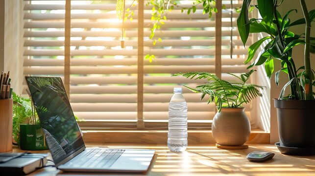 Laptop, water bottle, and plants on a wooden desk near a window with blinds, creating a bright and inviting workspace