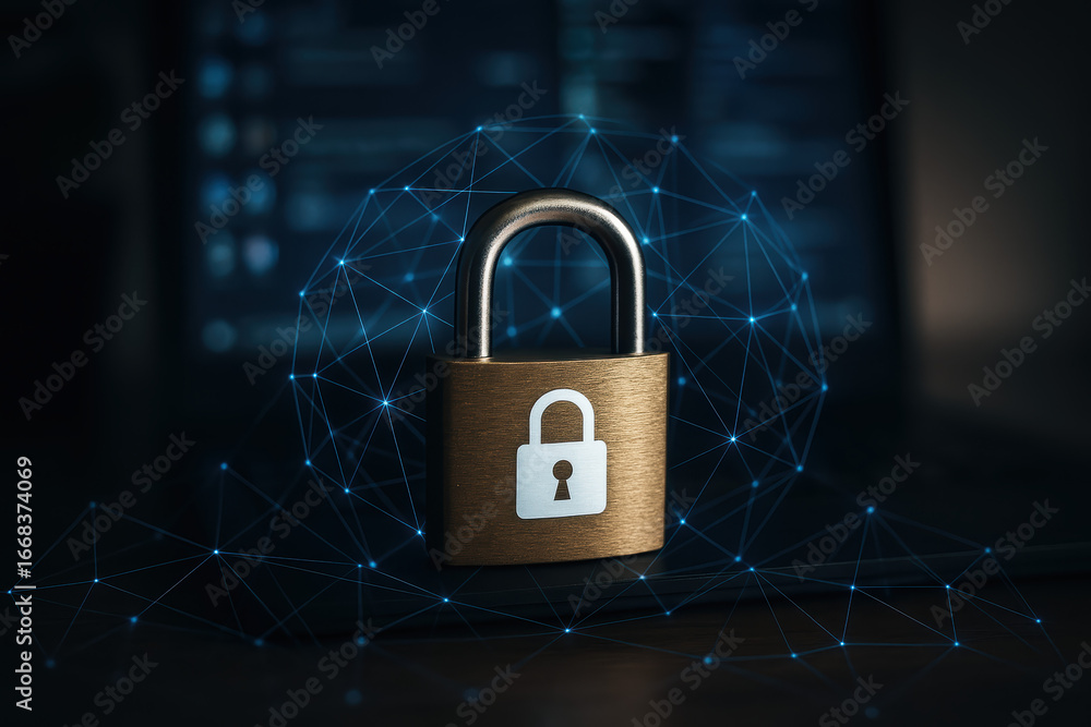 Poster lock and padlock data protection and security concept empowering cybersecurity and privacy every day