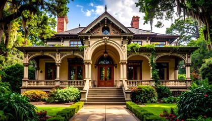 A stately, light beige historical home boasts a grand porch, ornate details, and lush landscaping under a sunny sky.
