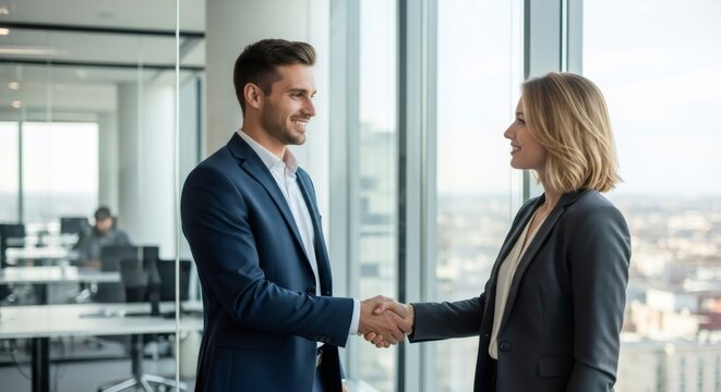 Man and woman shaking hands in office. Successful business agreement, finance partnership. Teamwork in modern workspace for corporate deal.